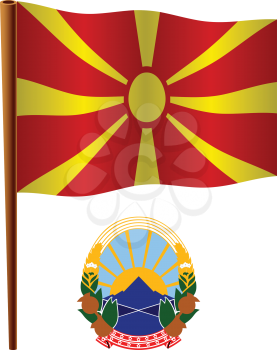 macedonia wavy flag and coat of arm against white background, vector art illustration, image contains transparency