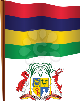 mauritius wavy flag and coat of arm against white background, vector art illustration, image contains transparency