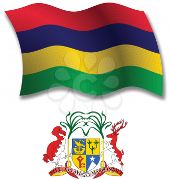 mauritius shadowed textured wavy flag and coat of arms against white background, vector art illustration, image contains transparency transparency