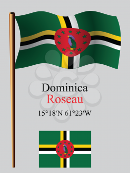 dominica wavy flag and coordinates against gray background, vector art illustration, image contains transparency