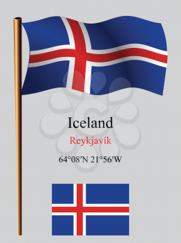 iceland wavy flag and coordinates against gray background, vector art illustration, image contains transparency