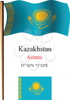 kazakhstan wavy flag and coordinates against white background, vector art illustration, image contains transparency