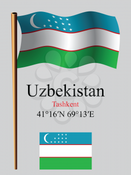 uzbekistan wavy flag and coordinates against gray background, vector art illustration, image contains transparency