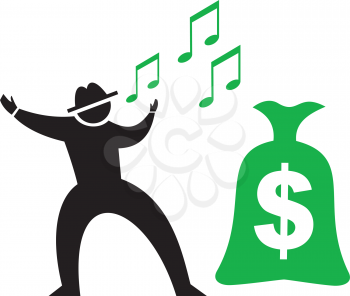 Royalty Free Clipart Image of a Man Singing Beside a Money Bag