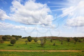 Sparkling beams of the midday sun and magnificent cumulus clouds  above the rural footpath