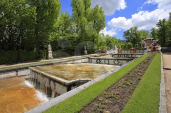 The magnificent cascade of fountains and sculptures of 18 centuries in ancient park in the Spanish city of Segovia