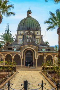 Church Sermon on the Mount - Mount of Beatitudes. Beautiful park of cypress and palm trees