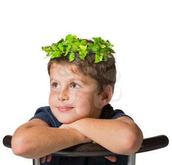 Very beautiful boy in a carnival wearing a crown of shiny green leaves. He sits astride a chair