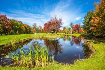 Adorable oval pond in the beautiful park. Shining day in French Canada. Red and orange autumn foliage reflected in clear water of the pond. Concept of recreational tourism