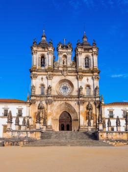 Main entrance to the cathedral of Santa Maria de Alcobaca.. Built in Baroque style. Portugal