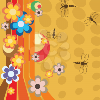 Retro stripes illustration with stylized flowers and dragonflies