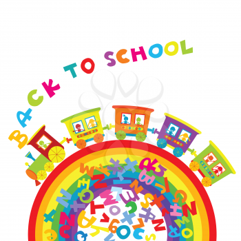 Back to school concept with cartoon train on ranbow and colored letters