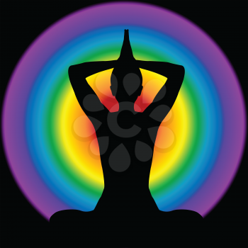 Human silhouette in yoga pose with aura and chakras colors on background