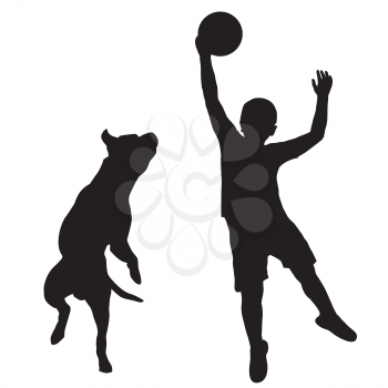 Silhouette of boy and dog playing together