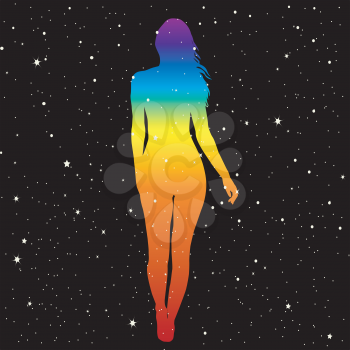 Silhouette of woman in rainbow colors showing position of human chakras 