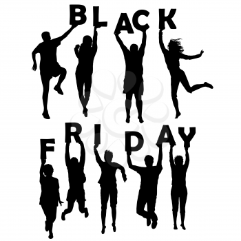 Black silhouette of people holding letters with Black Friday offer