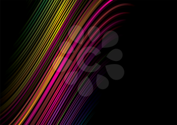 Royalty Free Clipart Image of a Black Background With Coloured Lines Across It
