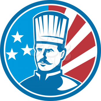 Royalty Free Clipart Image of a Chef in Front of an American Flag Background