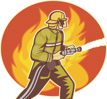 Royalty Free Clipart Image of a Firefighter With a Hose