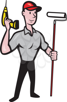 illustration of a House painter handyman with paint roller and holding a cordless drill isolated on white done in cartoon style