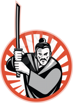Illustration of a samurai warrior facing front with katana sword set inside circle done in retro style.