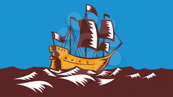 Illustration of a tall sailing cargo ship galleon done in retro woodcut style.