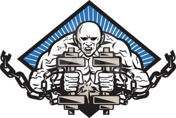 Illustration of a strongman with two dumbbells bound in chains breaking them facing front set inside diamond done in retro style.