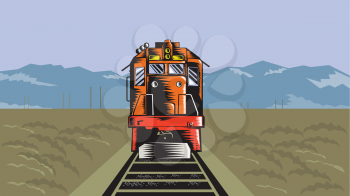 Illustration of a diesel train viewed from a high angle done in retro style with field and mountains in the background.