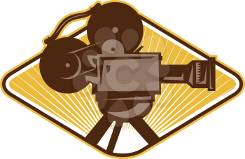 Illustration of a vintage movie film motion-picture camera set inside diamond shape done in retro style.