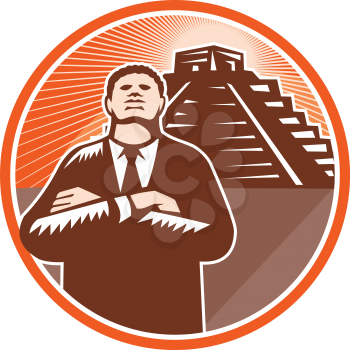 Illustration of an african-american businessman with arms folded looking forward protecting ancient site pyramid in South America.