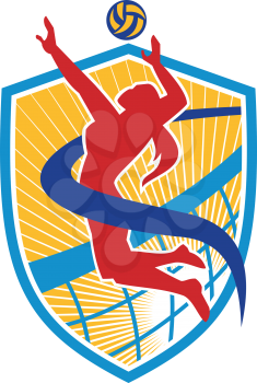 Illustration of a volleyball player spiker spiking hitting ball set inside crest shield with net done in retro style.