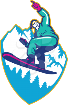Illustration of a snowboarding jumping on snowboard pointing forward set inside crest shield with mountain alps and alpine trees in background.