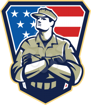 Illustration of an American solider military serviceman looking up with arms folded facing front with USA stars and stripes flag in background set inside crest shield.