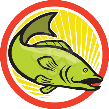 Illustration of a largemouth bass fish jumping done in cartoon style on isolated white background set inside circle