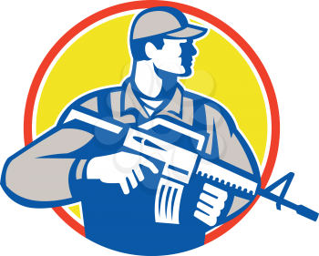 Illustration of an American soldier serviceman with assault rifle facing side looking up set inside circle on isolated white background.