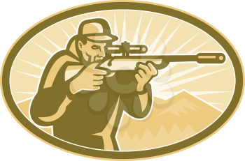 Illustration of a hunter aiming telescopic rifle with sunburst and mountains in background done in retro style.