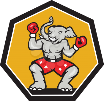 Illustration of a republican elephant mascot boxer boxing with gloves set inside shield pentagon shape done in cartoon style.