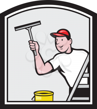 Illustration of a window cleaner cleaning a window with squeegee viewed from rear angle set inside shield on isolated background done in retro style.