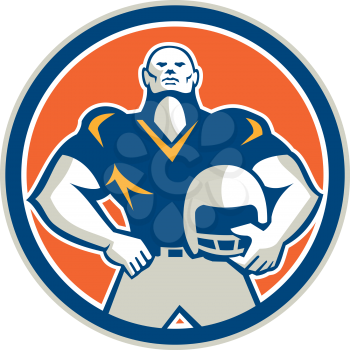 Illustration of an american football player holding helmet hand on hips viewed from front set inside circle on isolated background done in retro style. 