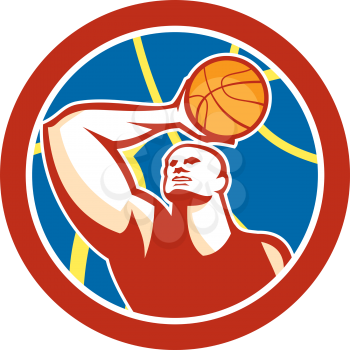 Illustration of a basketball player shooting ball over head set inside circle with giant ball in the background done in retro style. 