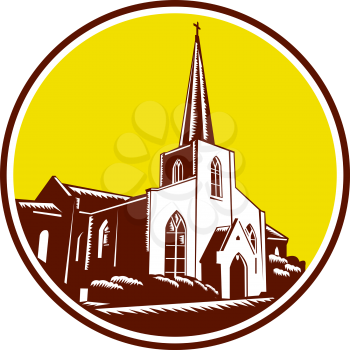 Illustration of the Trinity Parish a historic Episcopal Church in St. Augustine, Florida, , USA set inside circle done in retro woodcut style.