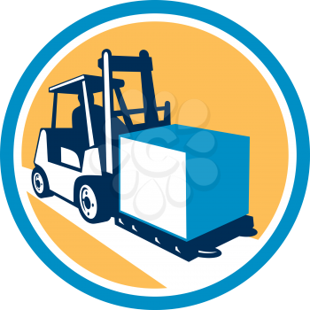 Illustration of a forklift truck and driver at work lifting handling box crate set inside circle on isolated background done in retro style. 