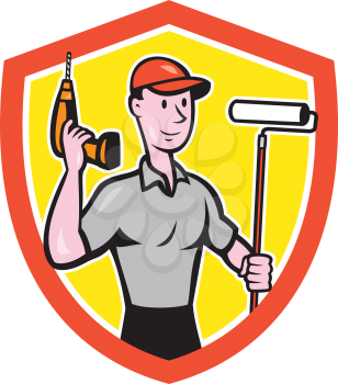 Illustration of a house painter handyman holding paint roller and cordless drill set inside shield crest on isolated background done in cartoon style. 