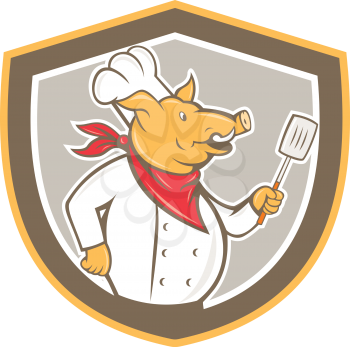 Illustration of a pig chef cook holding spatula looking to the side set inside shield crest on isolated background done in cartoon style.