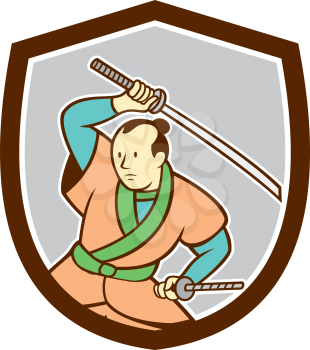 Illustration of a Samurai warrior wielding katana sword looking to the side set inside shield crest on isolated background done in cartoon style. 