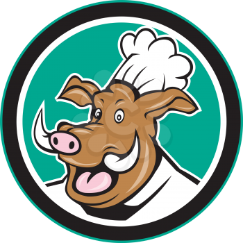 Illustration of a wild pig boar chef cook head set inside circle on isolated background done in cartoon style.