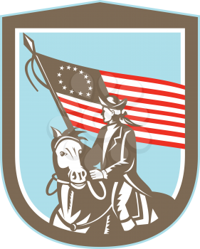 Illustration of an American revolutionary soldier military serviceman riding a horse holding USA stars and stripes flag set inside shield crest on isolated background done in retro style. 