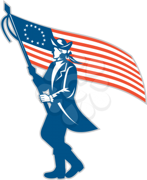 Illustration of an American patriot soldier military serviceman waving holding USA stars and stripes flag set inside circle on isolated background done in retro style. 