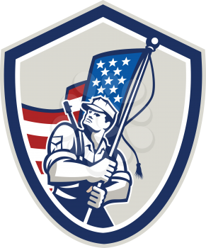 Illustration of an American soldier serviceman waving a USA stars and stripes flag viewed from front set inside shield crest shape done in retro style.