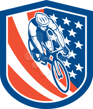 Illustration of a bicycle bike rider viewed from high angle with usa stars and stripes background set inside shield crest done in retro style. 